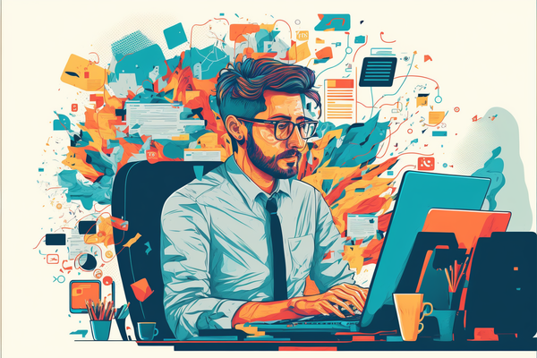 Illustration of a busy digital marketing manager sitting at their desk